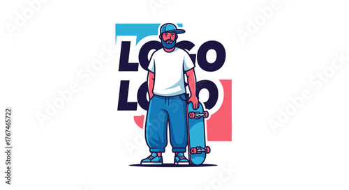 Skater dude cartoon illustration with a cap and modern street style clothing poses skateboard