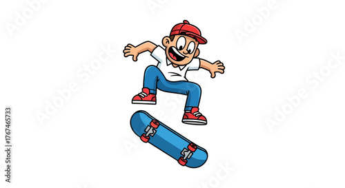 Cartoon skateboarder executes a mid-air trick displaying energy and youthful enthusiasm in the