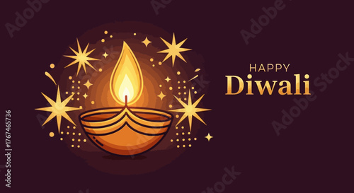 Elegant Diwali celebration banner adorned with a traditional oil lamp and vibrant stars