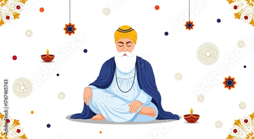 Guru Nanak Dev Ji illustration for Gurpurab celebration with lamps and floral decorations a serene