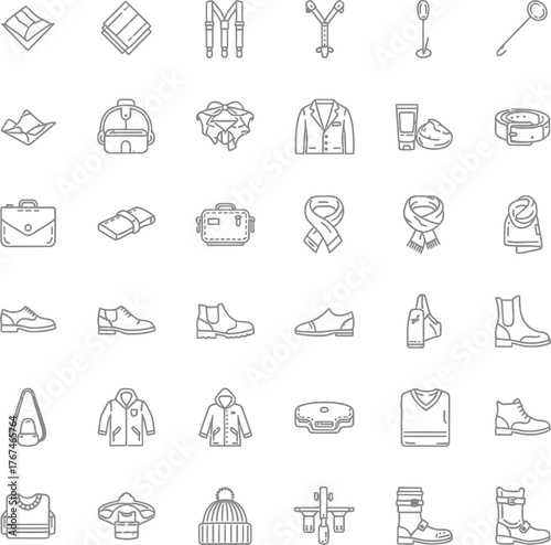 Collection of hand drawn outline icons representing various clothing and accessories items