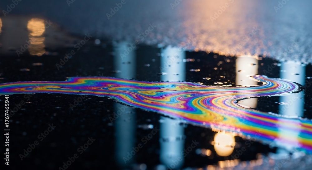 Fototapeta premium Rainbow oil slick on wet pavement reflecting lights and building details