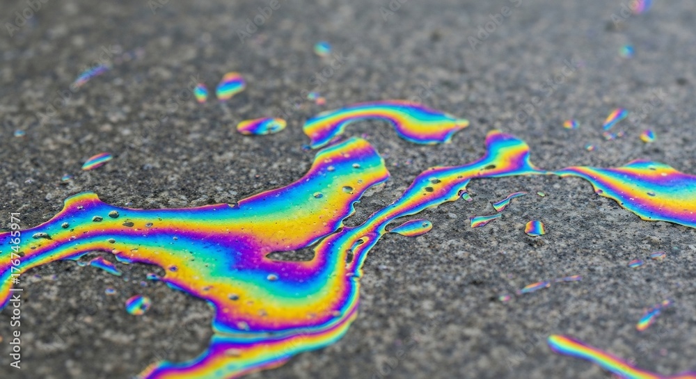 Fototapeta premium Rainbow slick on grey concrete oil spill shows vibrant colors drops form a pattern