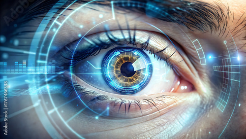 Futuristic digital eye with blue light and data streams