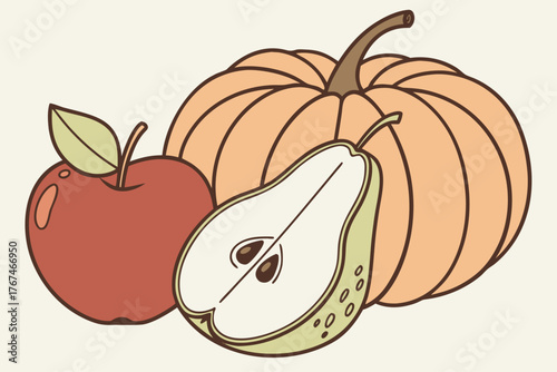 Autumn harvest fruits set featuring apple pear and pumpkin