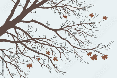 Abstract illustration of bare tree branches with sparse leaves in yellow and cyan