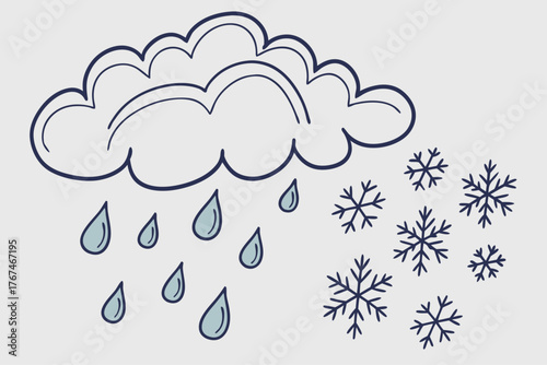 Stylized cloud with falling raindrops or snowflakes illustration