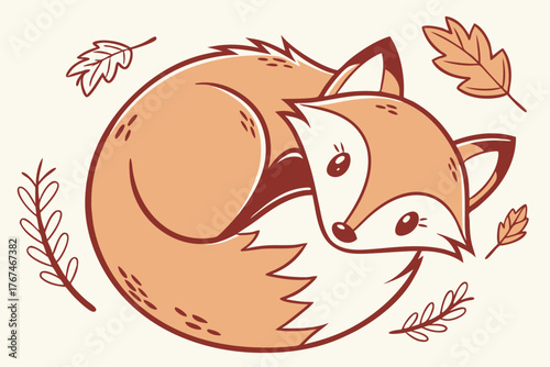 Cute minimal fox curled up in a warm circle illustration