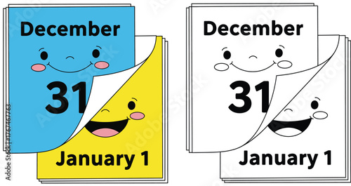 Happy New Year Calendar Icons: December 31st Turning to January 1st - Cartoon Style Vector Illustration