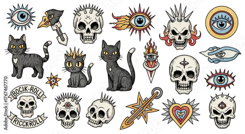 Whimsical collection of hand-drawn tattoo flash art featuring cats and skulls