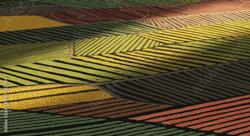 Colorful abstract aerial view of agriculture farmland pattern illustration