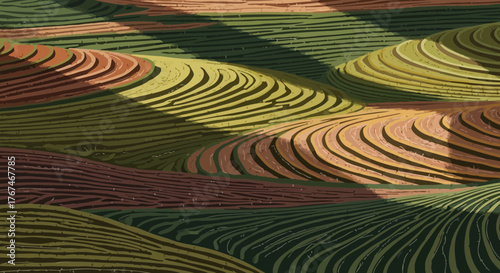 Abstract landscape of cultivated fields, terraced pattern in earth tones artwork