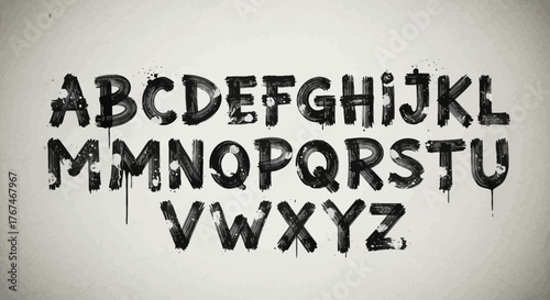 Grunge alphabet design, handcrafted brushstroke letters with splatters and drips