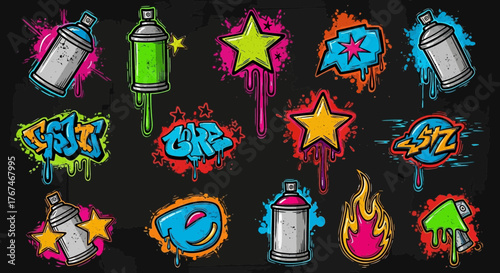 Vibrant Graffiti Artworks: Street Style Aerosol Spray Paint and Drip Effect Design