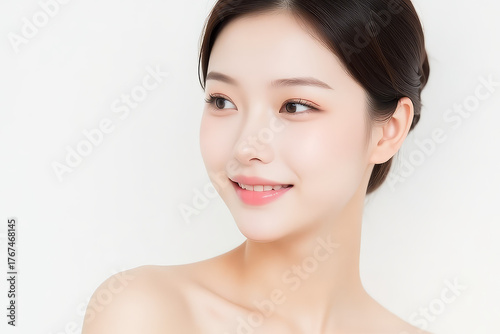 Female Asian Model with Short Hair - Young Beautiful Woman with Hair Bun - Studio Portrait of Asian Beauty for Fashion, Cosmetic, Skincare - Posing on White Background - Smooth Tied Hair