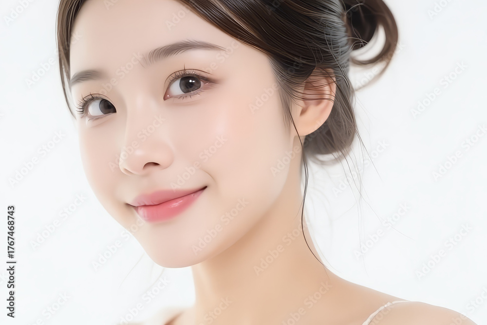 Fototapeta premium Female Asian Model with Short Hair - Young Beautiful Woman with Hair Bun - Studio Portrait of Asian Beauty for Fashion, Cosmetic, Skincare - Posing on White Background - Smooth Tied Hair