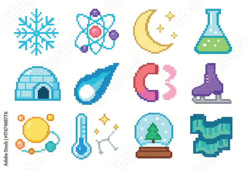 Pixel Art Science and Winter Icons Set