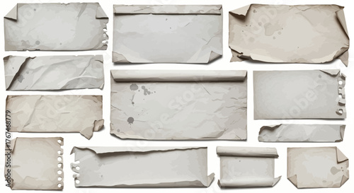 Diverse collection of aged and textured paper elements for graphic design projects