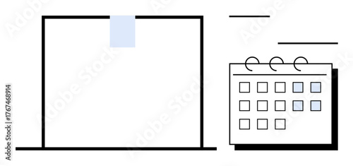 Laptop screen with sticky note and spiral calendar displaying marked dates, representing time management, planning, organization, scheduling, productivity, efficiency, deadlines. Clean flat metaphor