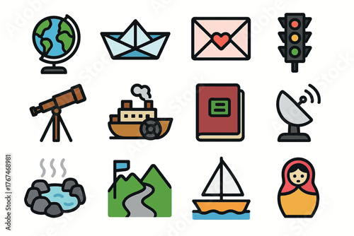 Travel and Exploration Icons Set with Globe, Boat, Telescope, and More