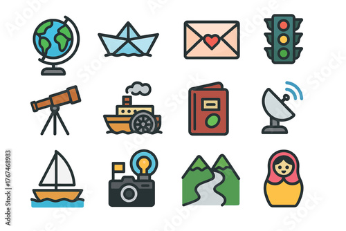 Travel and Exploration Icons Set with Globe, Boat, Telescope, and More