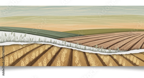 Artistic rendering of layered farmland landscape with wheat fields