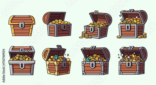 Collection of cartoon treasure chests filled with gold coins and precious gemstones