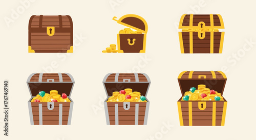 Collection of cartoon treasure chests with gold coins and gems vector illustration