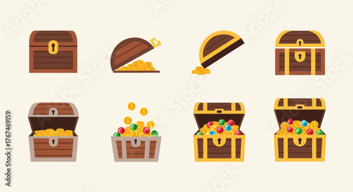 Illustrative treasure chest collection with gold coins and colorful gemstones