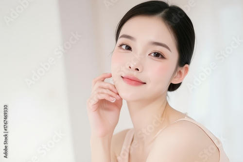 Female Asian Model with Short Hair - Young Beautiful Woman with Hair Bun - Studio Portrait of Asian Beauty for Fashion, Cosmetic, Skincare - Posing on White Background - Smooth Tied Hair