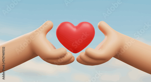 Cartoon hands holding a vibrant red heart against a serene light blue sky