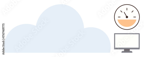 Large cloud icon, speed gauge measuring performance, computer monitor. Ideal for cloud storage, networking, technology, performance, data management, digital solutions simple flat metaphor