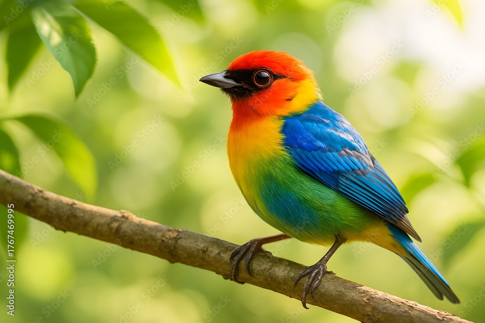Fototapeta premium Colorful Bird with Vibrant Plumage Perched on Tree Branch in Forest Habitat - Close-Up Wildlife Photography of Exotic Songbirds for Avian and Nature Lovers