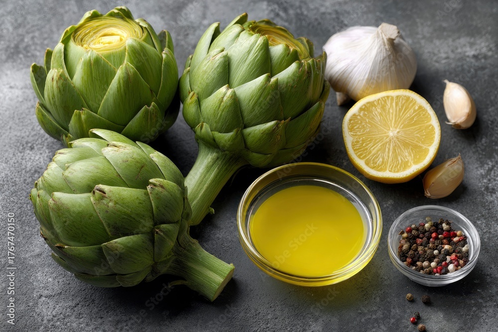 Fototapeta premium Three artichokes with garlic lemon olive oil peppercorns arranged on a gray surface
