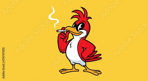 Cartoon bird character smoking cigarette with confident stance against a yellow backdrop