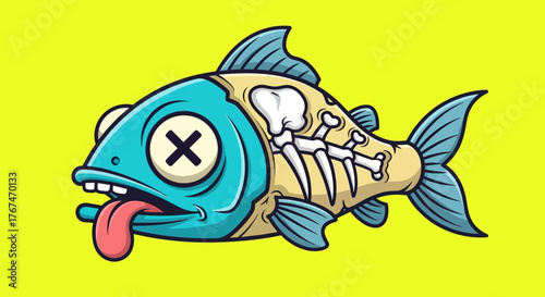 Cartoon illustration of a deceased fish with visible skeleton and cross-eyed expression against