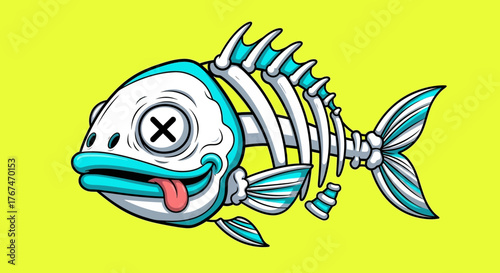 Humorous aquatic skeleton cartoon with bright yellow backdrop and playful character design