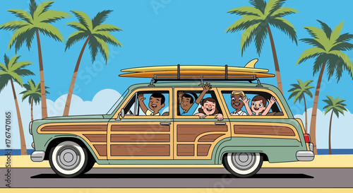 Cartoon woody wagon on a summer vacation road trip with diverse passengers waving hands and smiling