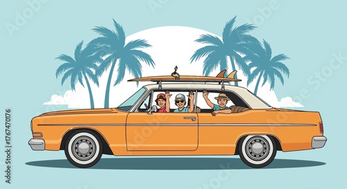 Retro summer getaway illustration featuring a classic car with surfers driving to the beach