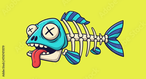 Humorous Cartoon Fish Skeleton with Protruding Tongue and Cross-Eyed Expression Displayed on a