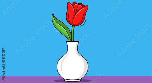Stylized red tulip in a white vase against a colorful backdrop showcases floral elegance