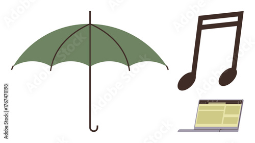 Green umbrella, large musical note, and laptop arranged to represent protection, creativity, and technology. Ideal for weather, art, music, digital media innovation design concepts simple flat
