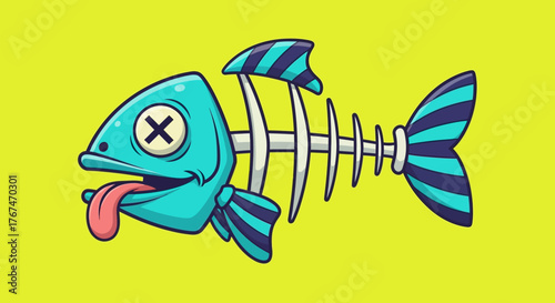 Cartoonish illustration of a whimsical dead fish skeleton on a yellow background with bold outlines