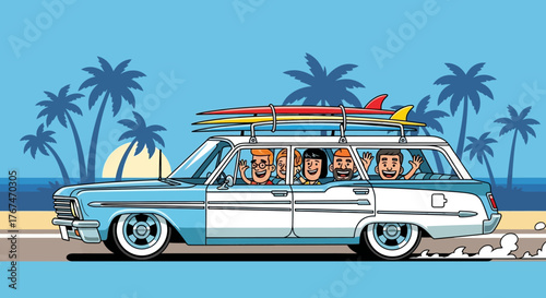 Surfing adventure with friends in a classic woody car heading to the beach destination