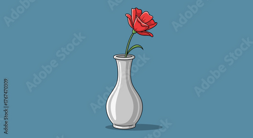 Single red flower in minimalist vase against plain blue background artistic scene