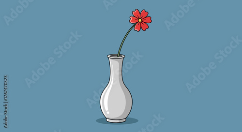 Minimalist floral art featuring a single red bloom in a graceful vase on serene blue backdrop