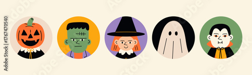 Children in Halloween costumes. Round avatars, portraits. Cute characters. Pumpkin head, Frankenstein's monster, witch, ghost, Dracula. Hand drawn Vector illustration 