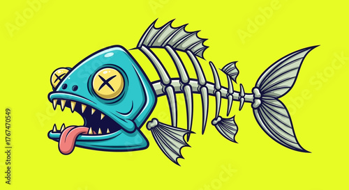 Cartoonish skeletal fish with crossed-out eyes and protruding tongue on bright yellow background
