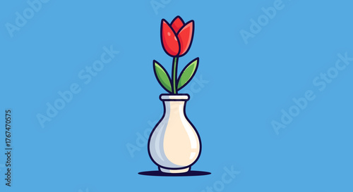 Elegant red tulip in a ceramic vase illustration, showcasing a simplistic yet striking floral design