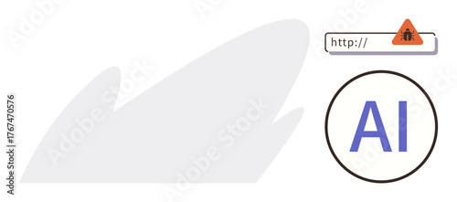 Bug alert icon in web browser bar next to AI symbol emphasizes cybersecurity, data protection, and online safety risks. Ideal for AI threat, IT security, malware, data breach, error, technology